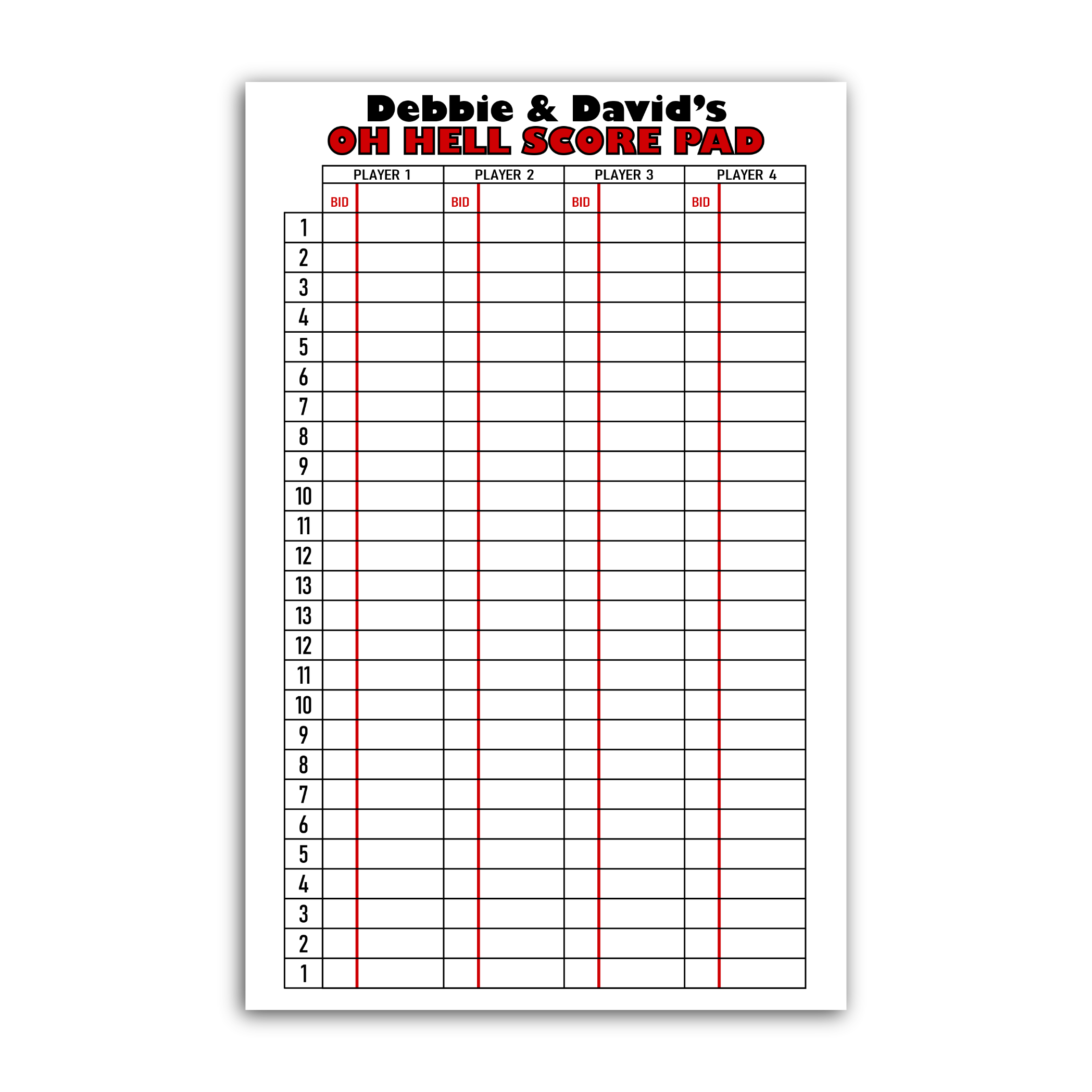 oh hell card game printable score sheet
